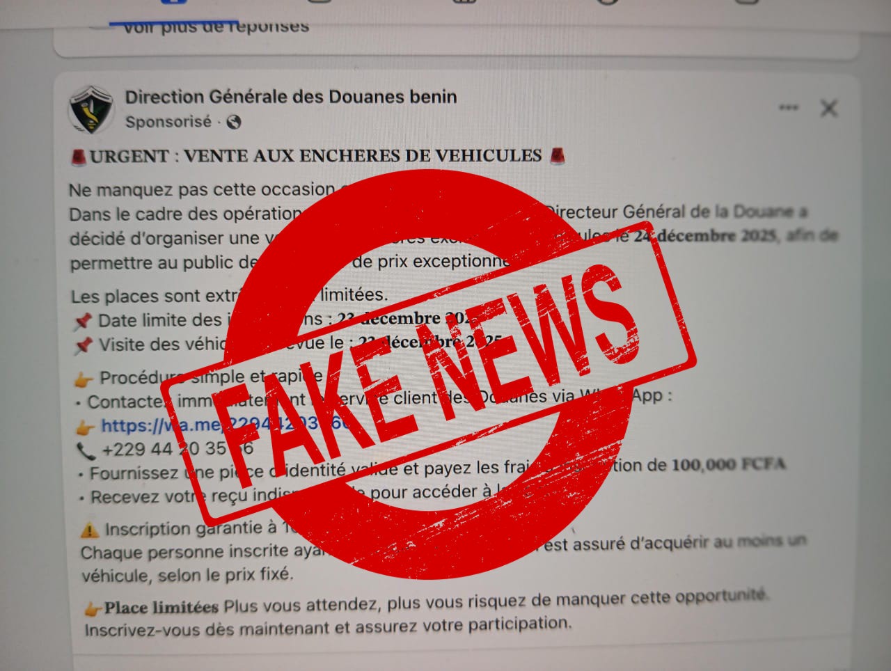 Alerte : une fausse vente aux enchères de véhicules circule sur les réseaux sociaux